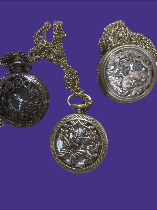 Accessories - Antique-Style Bronze Pocket Watch Necklace with Butterfly Motif bundle of 3